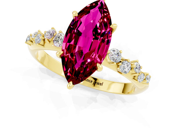 Yellow gold Marquise Cut Garnet Cluster Side Stone Solitaire Ring with Prong Setting