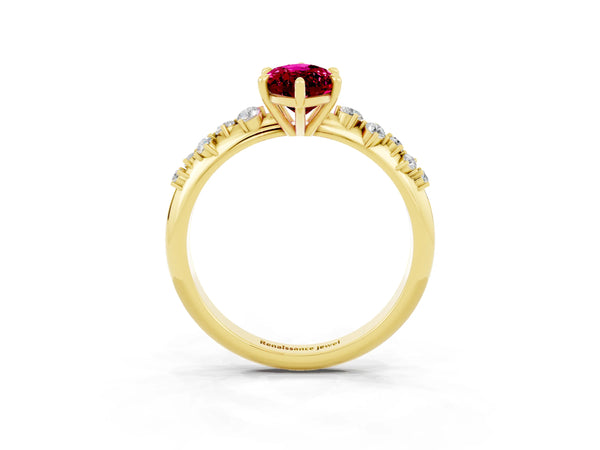 Yellow gold Marquise Cut Garnet Cluster Side Stone Solitaire Ring with Prong Setting