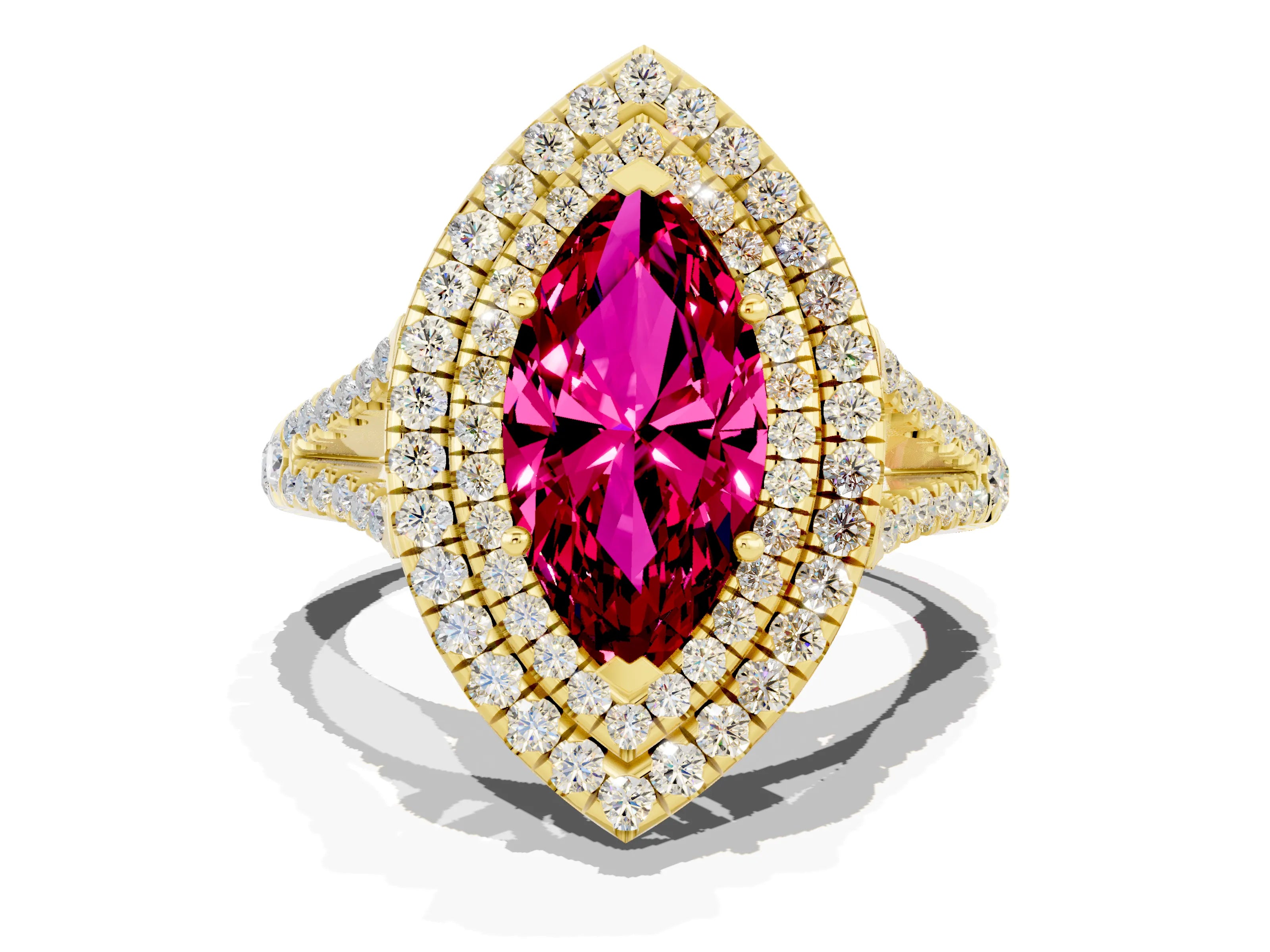 Yellow gold Marquise Cut Garnet Double Halo Ring with Pavé Band and Prong Setting_12