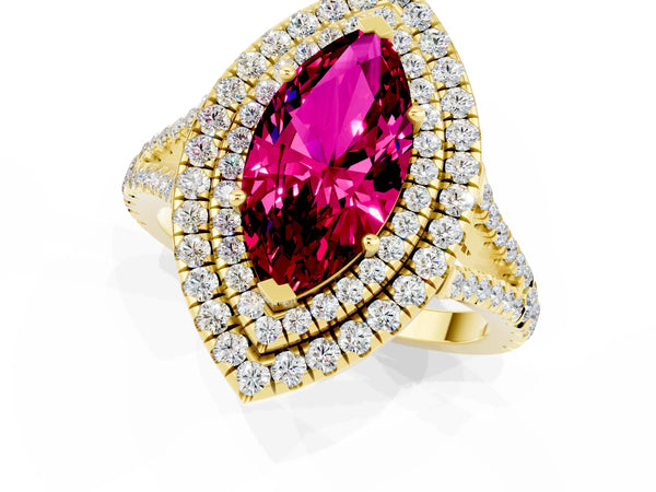 Yellow gold Marquise Cut Garnet Double Halo Ring with Pavé Band and Prong Setting