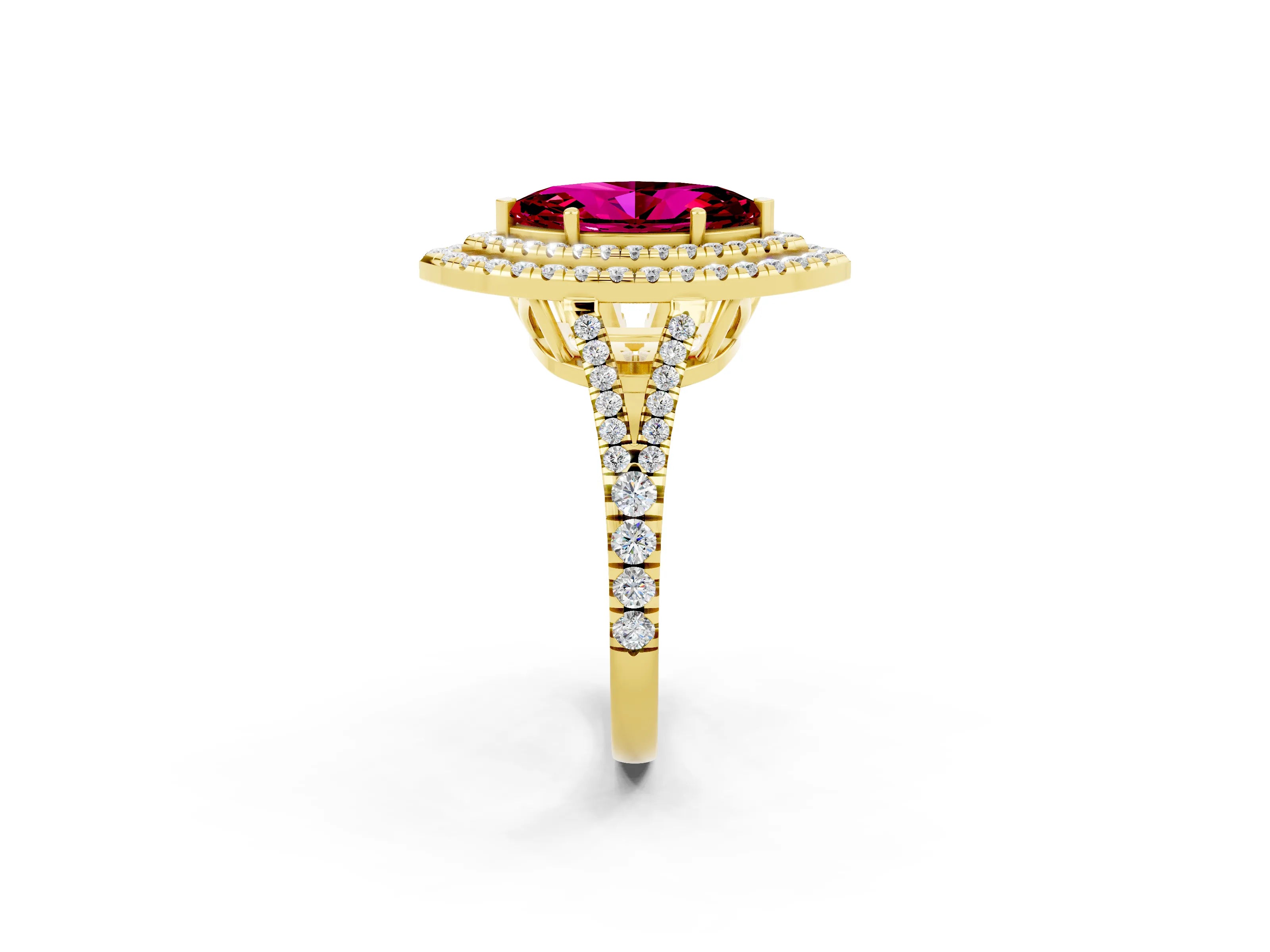 Yellow gold Marquise Cut Garnet Double Halo Ring with Pavé Band and Prong Setting_14