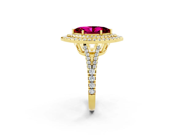 Yellow gold Marquise Cut Garnet Double Halo Ring with Pavé Band and Prong Setting