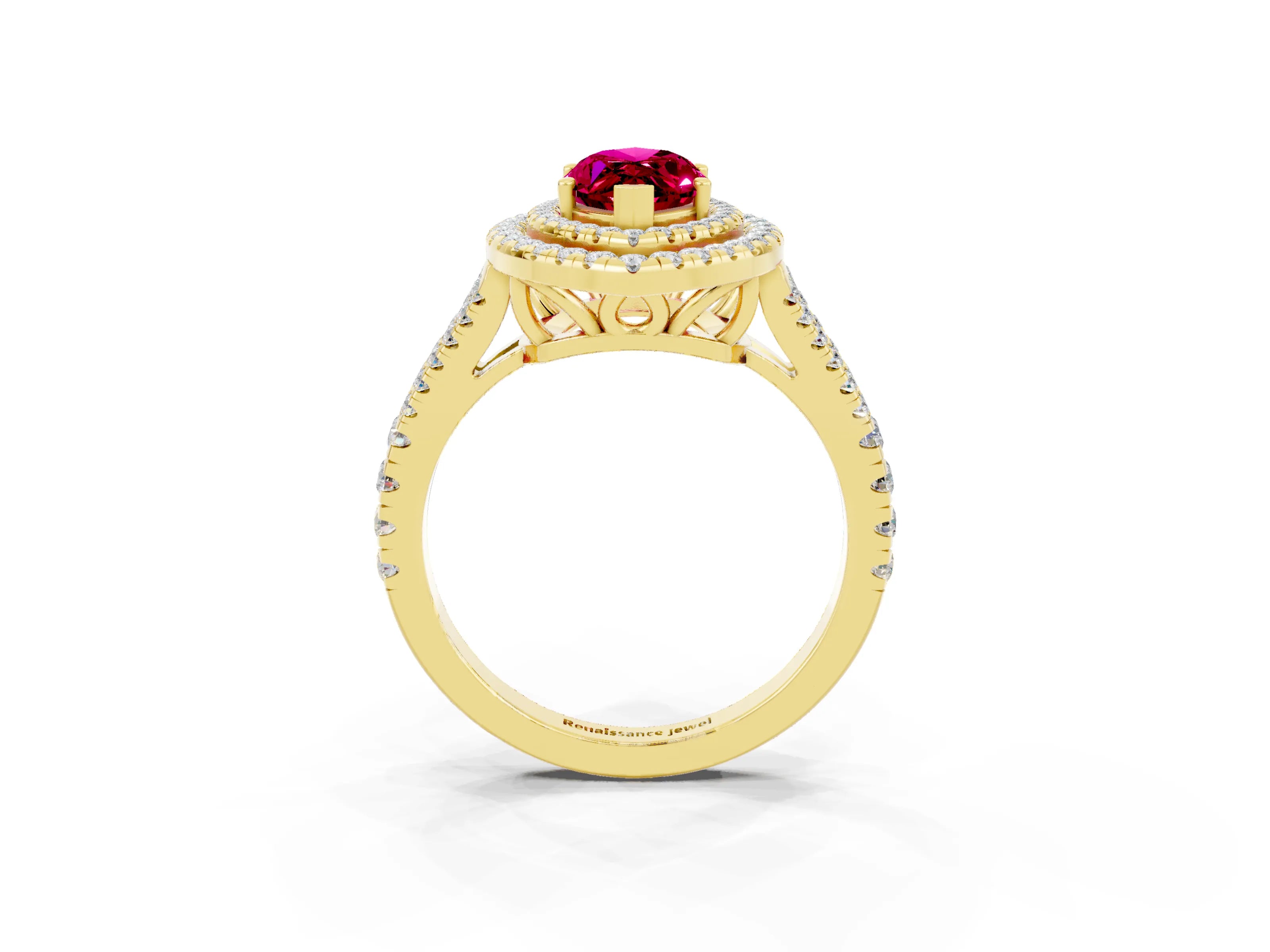 Yellow gold Marquise Cut Garnet Double Halo Ring with Pavé Band and Prong Setting_15