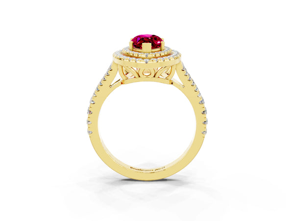Yellow gold Marquise Cut Garnet Double Halo Ring with Pavé Band and Prong Setting