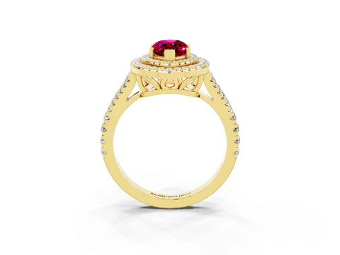 Yellow gold Marquise Cut Garnet Double Halo Ring with Pavé Band and Prong Setting_15