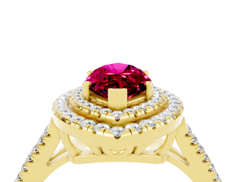 Yellow gold Marquise Cut Garnet Double Halo Ring with Pavé Band and Prong Setting_16