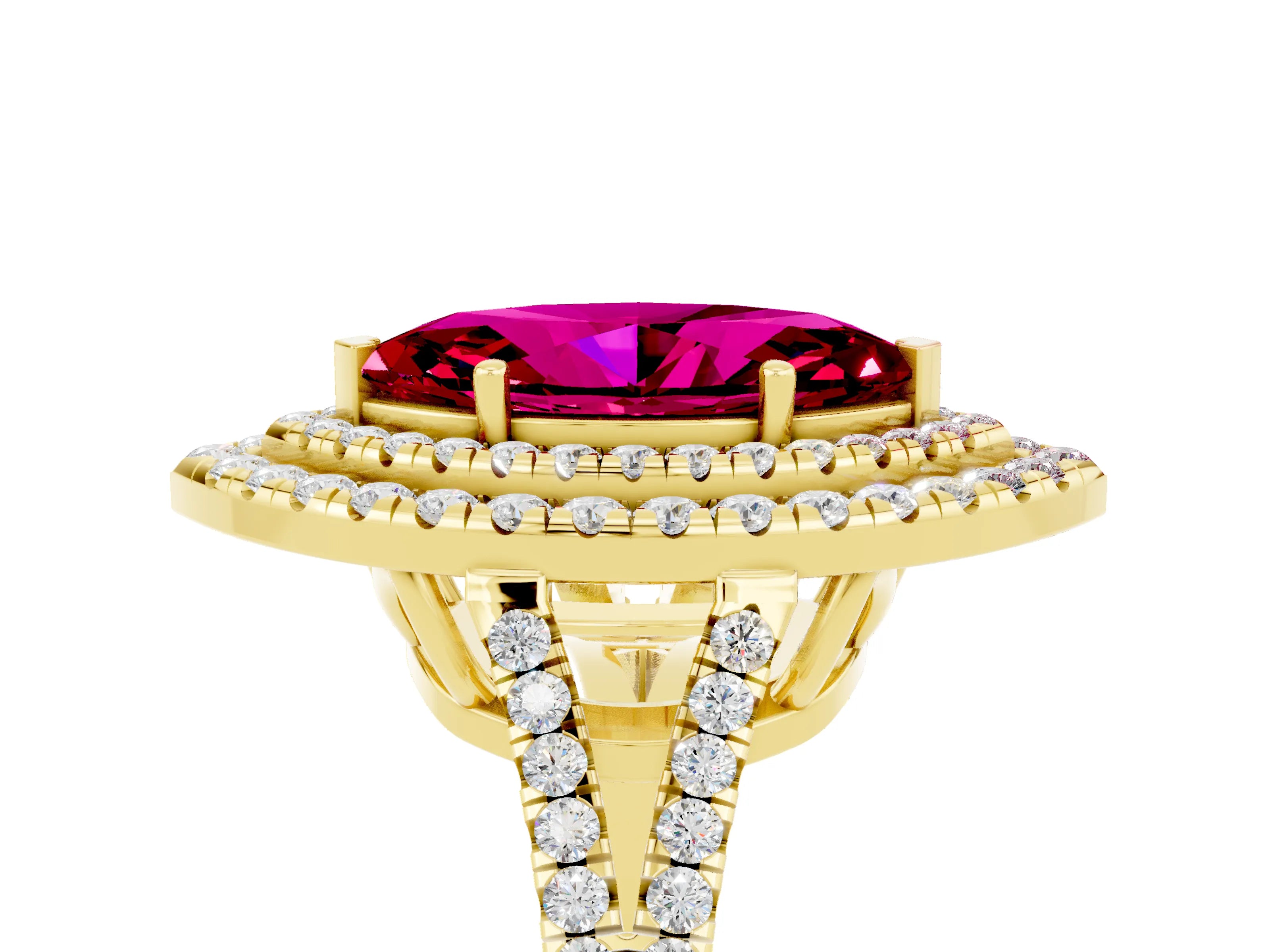 Yellow gold Marquise Cut Garnet Double Halo Ring with Pavé Band and Prong Setting_17
