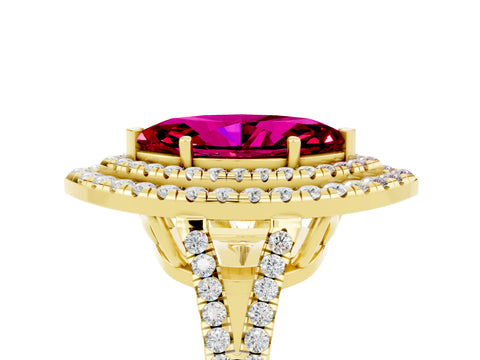 Yellow gold Marquise Cut Garnet Double Halo Ring with Pavé Band and Prong Setting_17