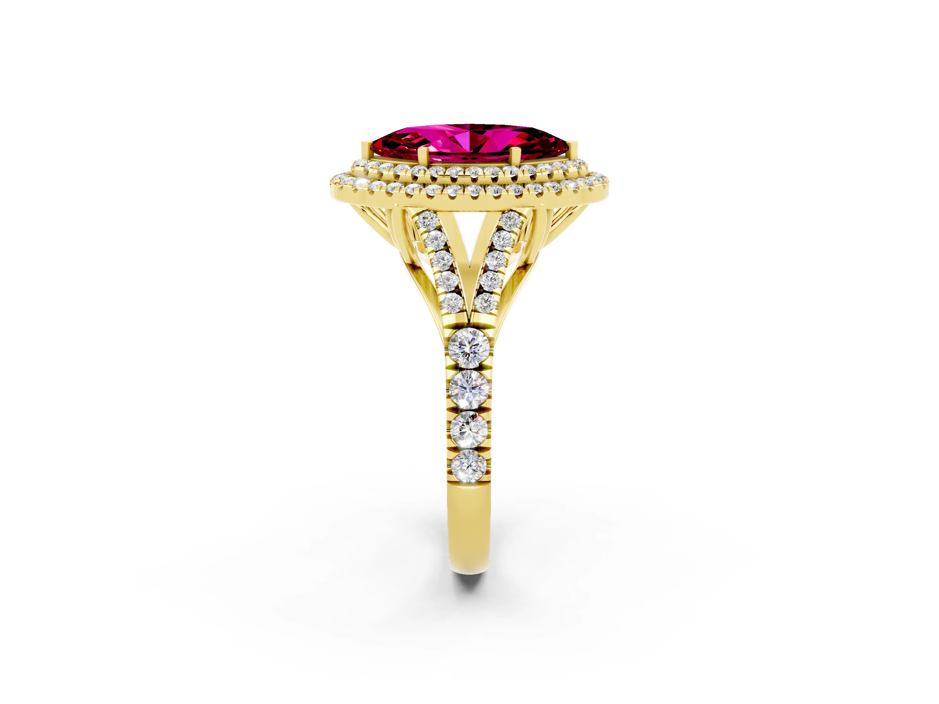 Yellow gold Marquise Cut Garnet Double Halo Ring with Split Shank and Prong Setting_14