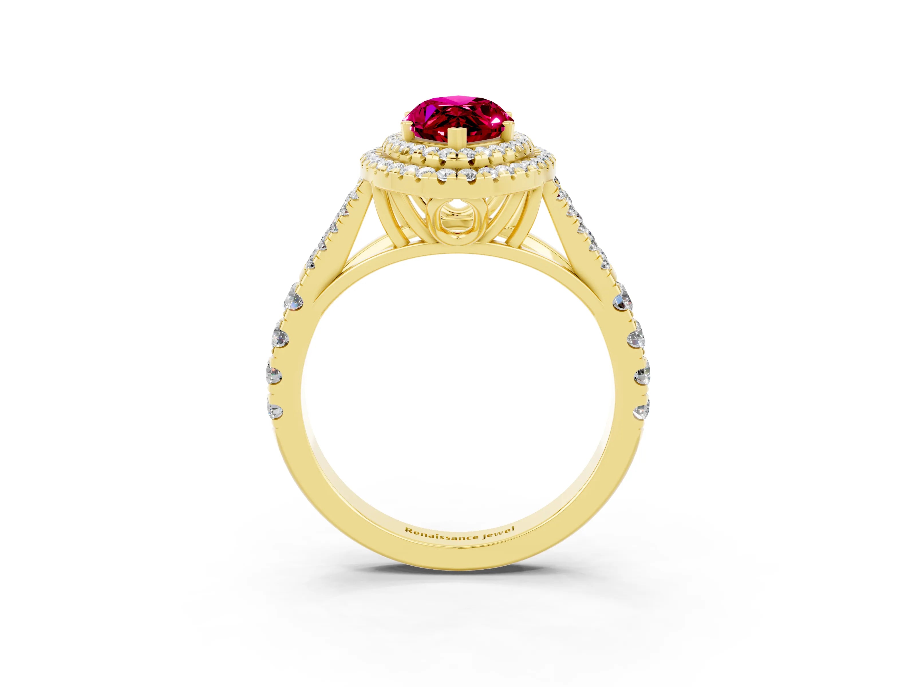 Yellow gold Marquise Cut Garnet Double Halo Ring with Split Shank and Prong Setting_15