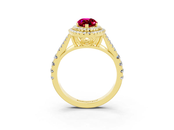 Yellow gold Marquise Cut Garnet Double Halo Ring with Split Shank and Prong Setting