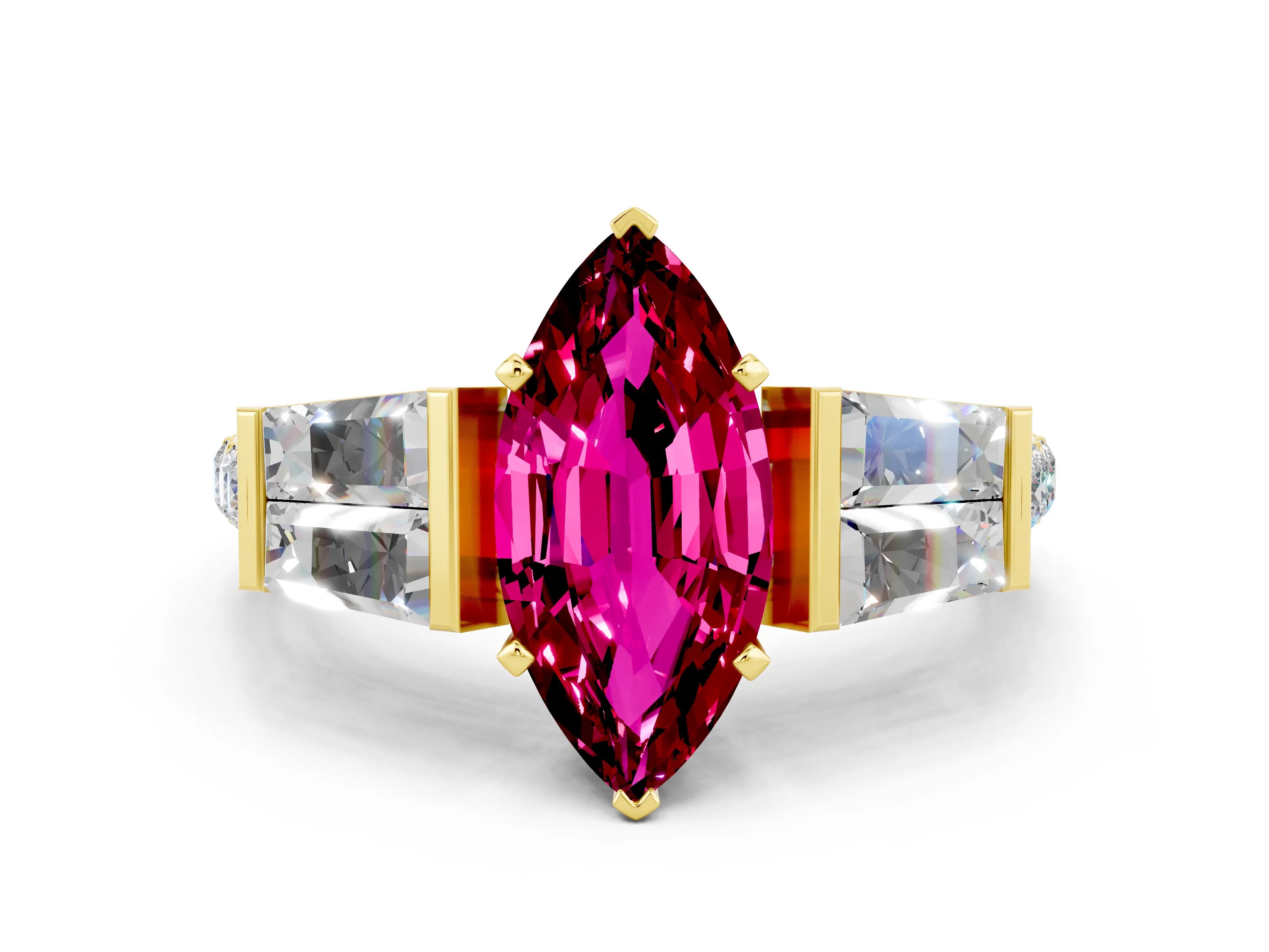 Yellow gold Marquise Cut Garnet Engagement Ring with Baguette Side Stones and Channel Set Band