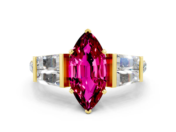Yellow gold Marquise Cut Garnet Engagement Ring with Baguette Side Stones and Channel Set Band