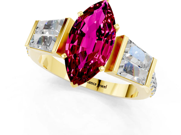 Yellow gold Marquise Cut Garnet Engagement Ring with Baguette Side Stones and Channel Set Band