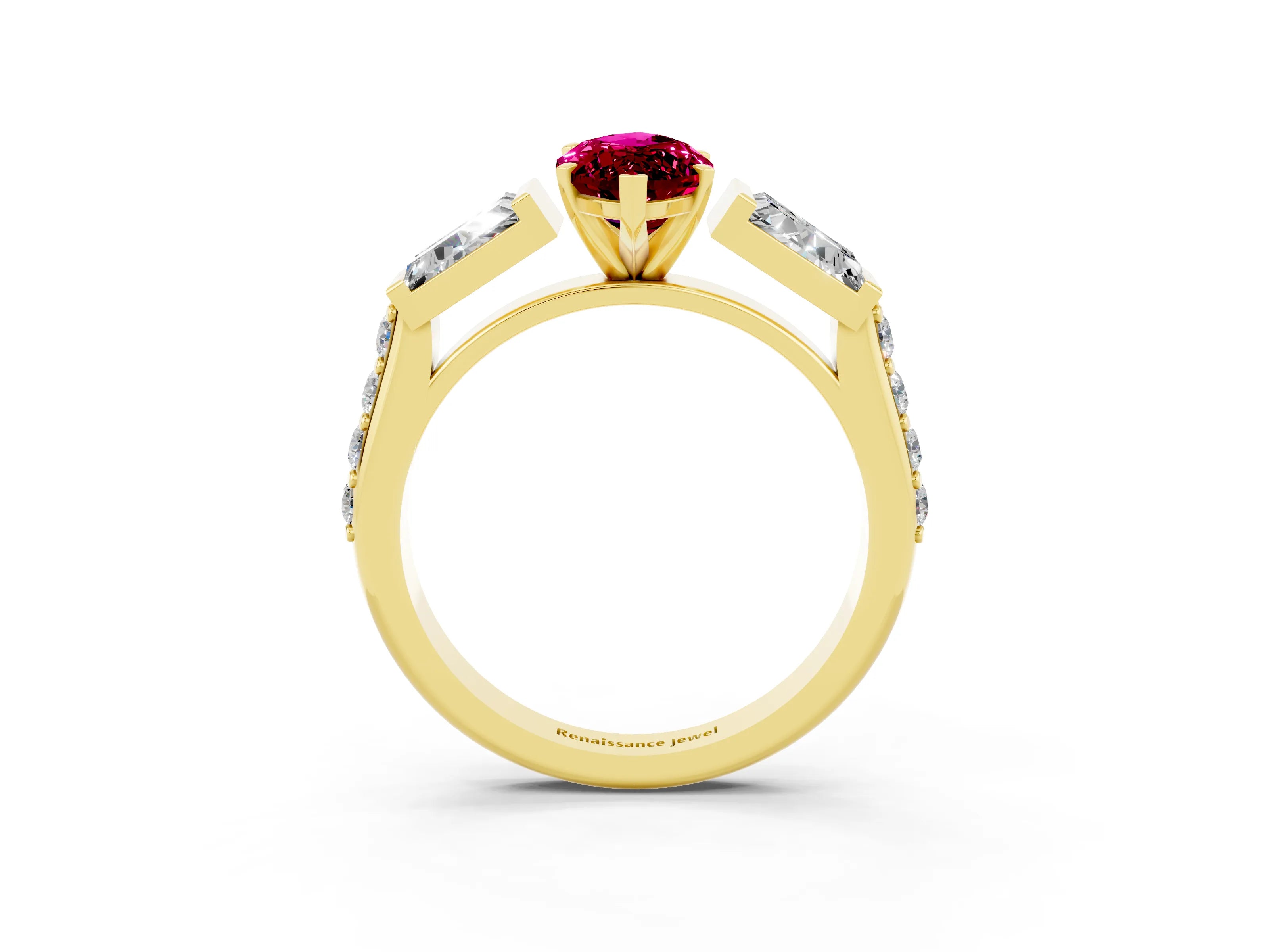 Yellow gold Marquise Cut Garnet Engagement Ring with Baguette Side Stones and Channel Set Band_3