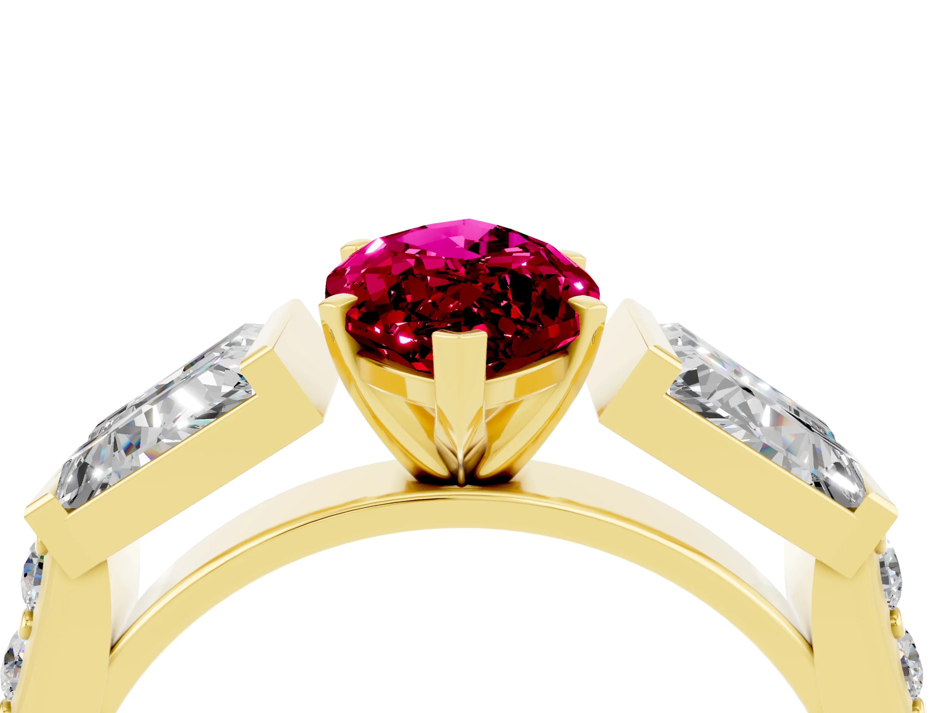 Yellow gold Marquise Cut Garnet Engagement Ring with Baguette Side Stones and Channel Set Band_4