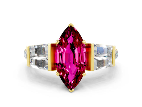 Yellow gold Marquise Cut Garnet Engagement Ring with Baguette Side Stones and Channel Set Band