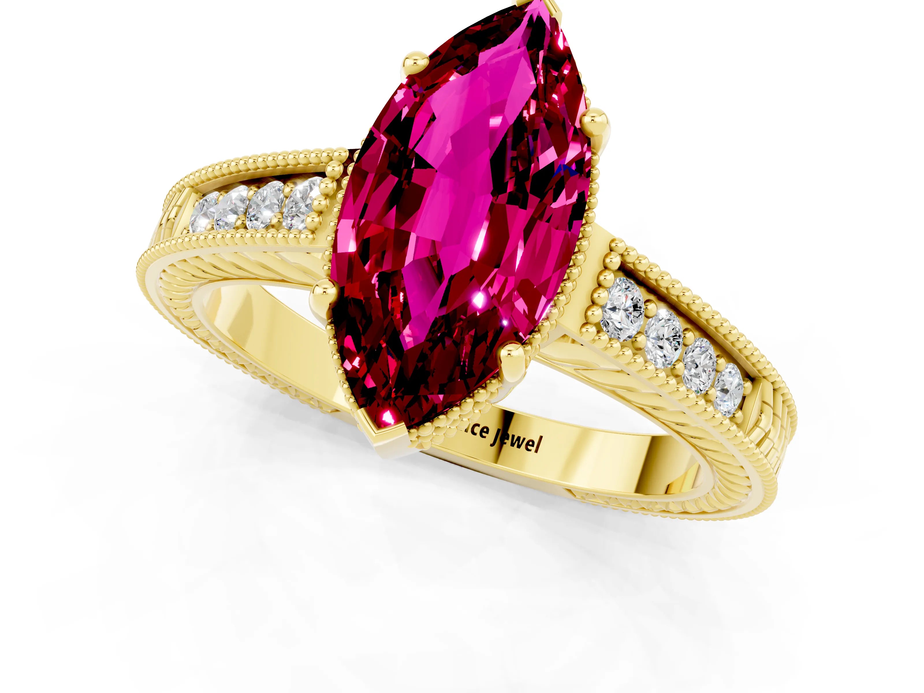 Yellow gold Marquise Cut Garnet Engagement Ring with Milgrain Channel Set Band and Prong Setting_1