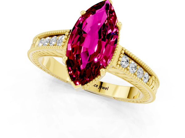Yellow gold Marquise Cut Garnet Engagement Ring with Milgrain Channel Set Band and Prong Setting