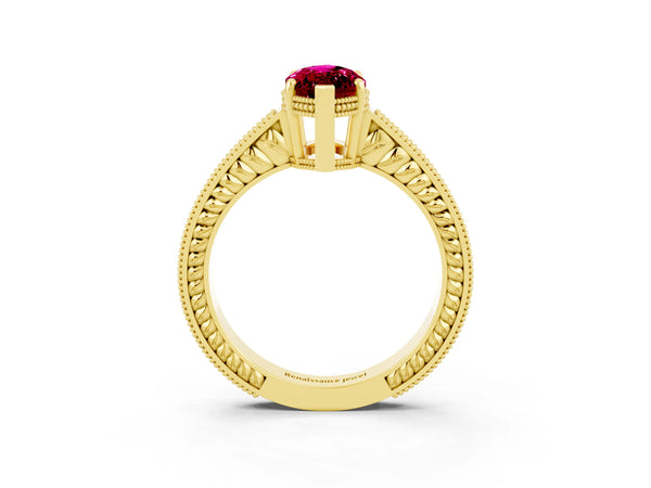 Yellow gold Marquise Cut Garnet Engagement Ring with Milgrain Channel Set Band and Prong Setting