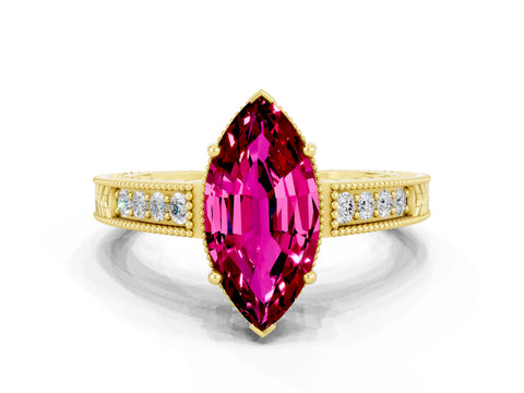 Yellow gold Marquise Cut Garnet Engagement Ring with Milgrain Channel Set Band and Prong Setting