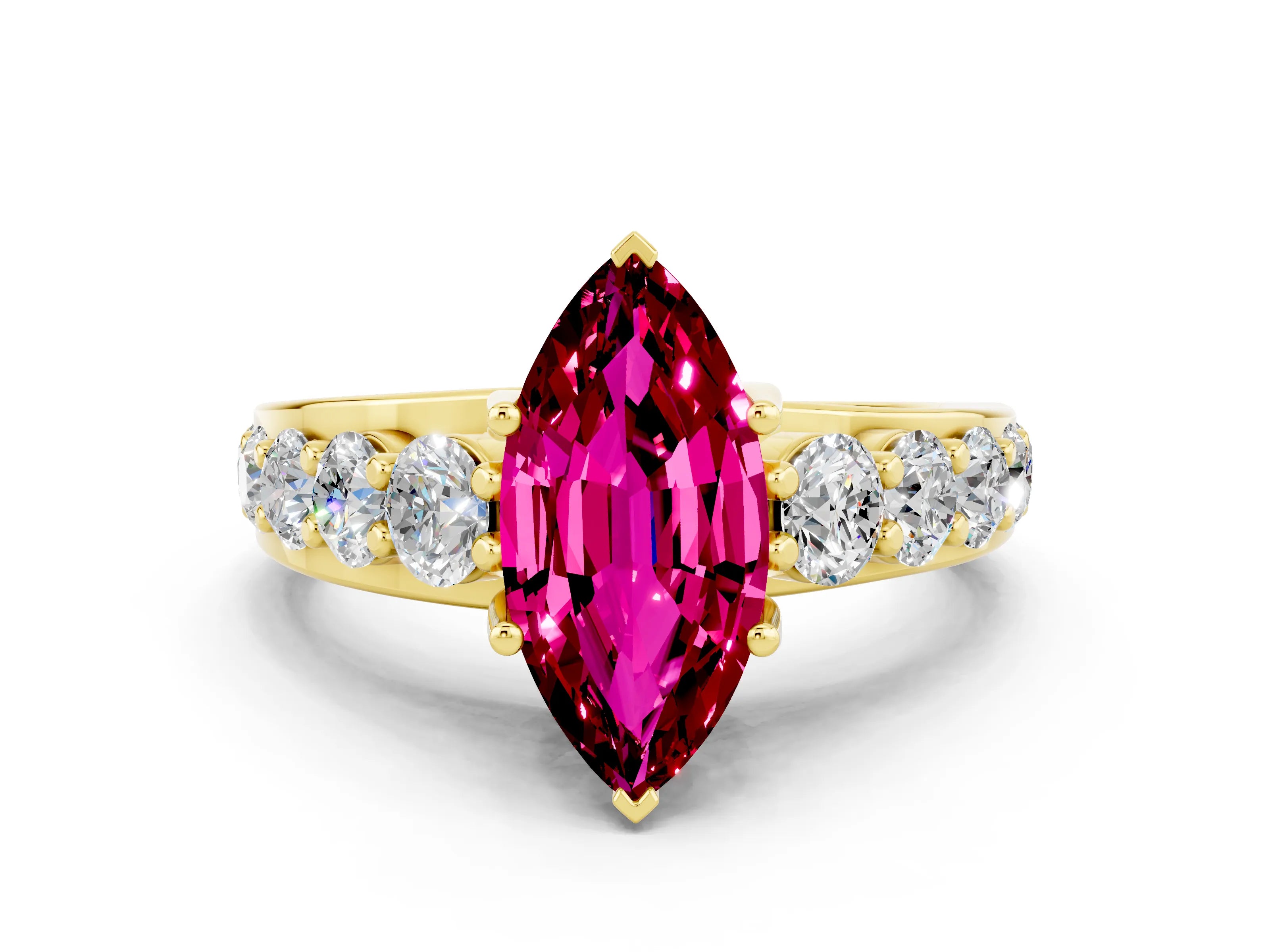 Yellow gold Marquise Cut Garnet Engagement Ring with Pavé Band and Four-Prong Setting