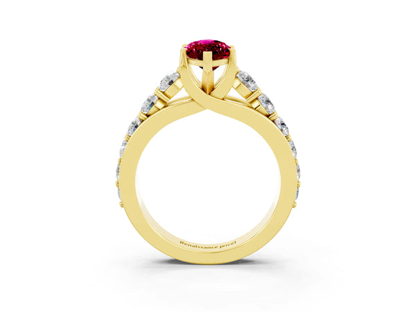 Yellow gold Marquise Cut Garnet Engagement Ring with Pavé Band and Four-Prong Setting