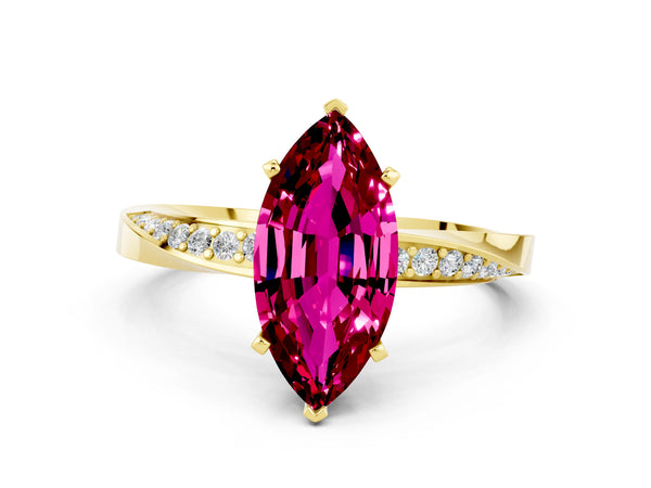 Yellow gold Marquise Cut Garnet Engagement Ring with Side Stone Accents and Four-Prong Setting