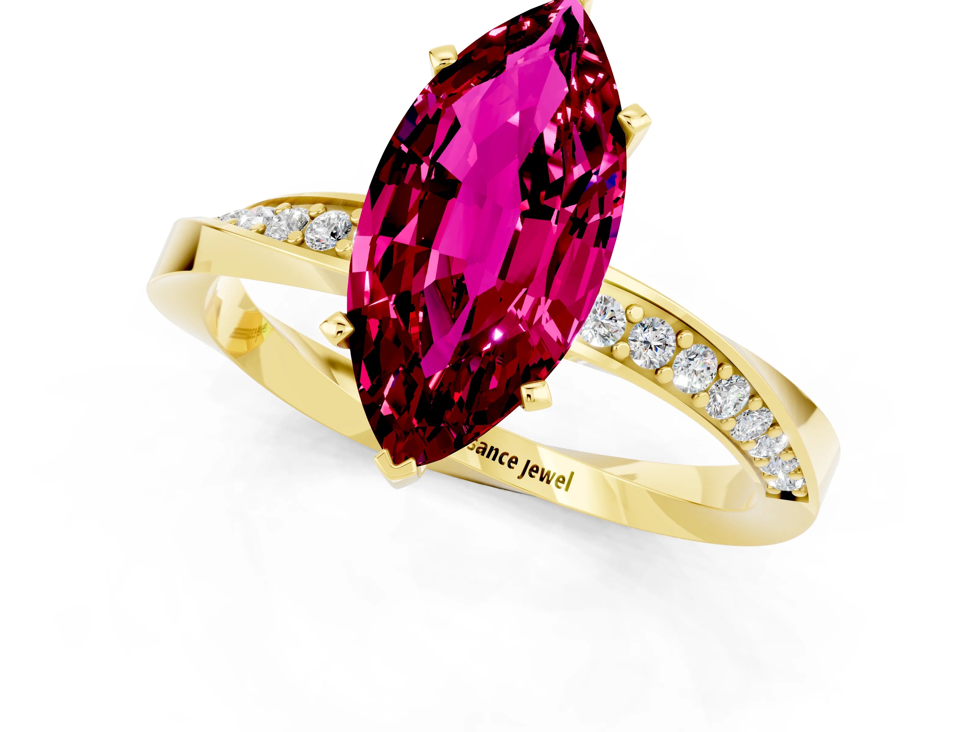 Yellow gold Marquise Cut Garnet Engagement Ring with Side Stone Accents and Four-Prong Setting_28