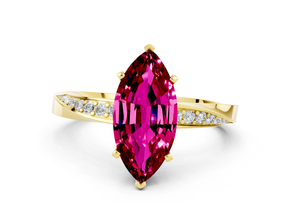 Yellow gold Marquise Cut Garnet Engagement Ring with Side Stone Accents and Four-Prong Setting_60