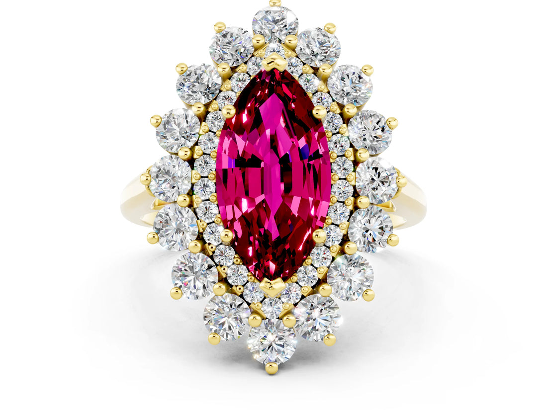 Yellow gold Marquise Cut Garnet Floral Double Halo Engagement Ring with Prong Setting_60