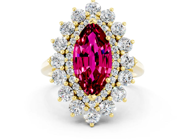Yellow gold Marquise Cut Garnet Floral Double Halo Engagement Ring with Prong Setting