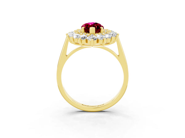 Yellow gold Marquise Cut Garnet Floral Double Halo Engagement Ring with Prong Setting