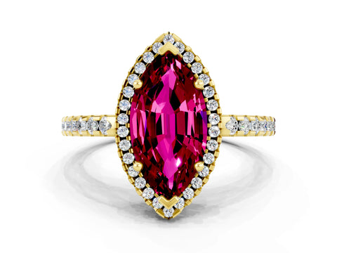 Yellow gold Marquise Cut Garnet Halo Engagement Ring with Pavé Band and Prong Setting_12