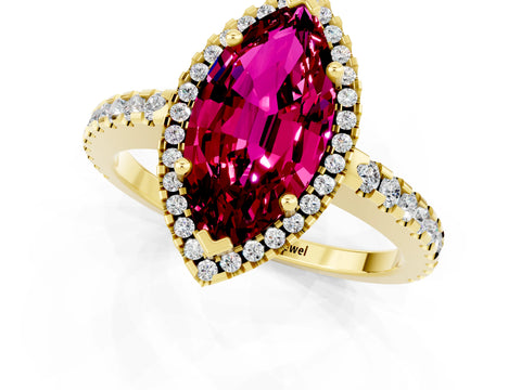 Yellow gold Marquise Cut Garnet Halo Engagement Ring with Pavé Band and Prong Setting_13