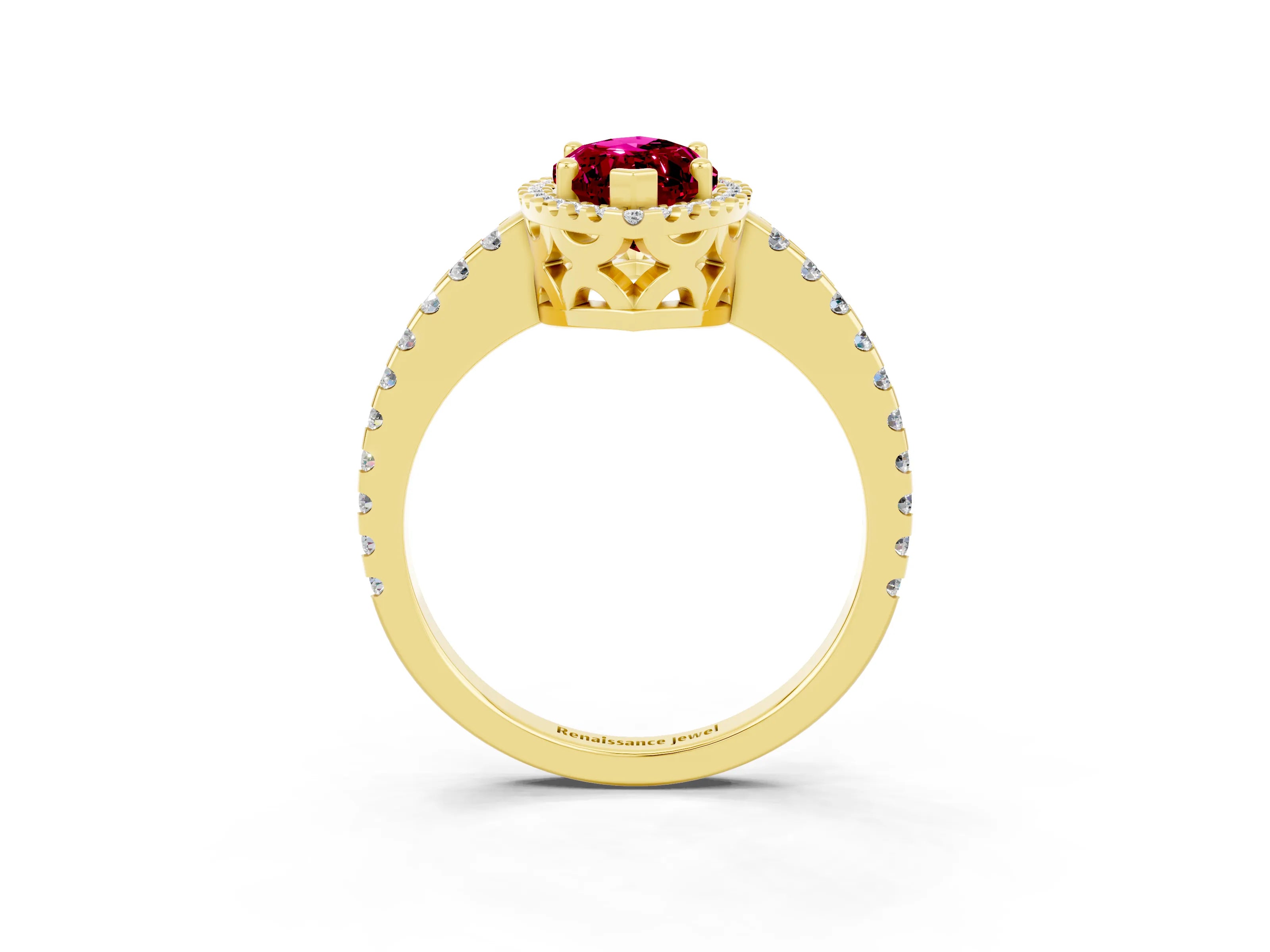 Yellow gold Marquise Cut Garnet Halo Engagement Ring with Pavé Band and Prong Setting_15