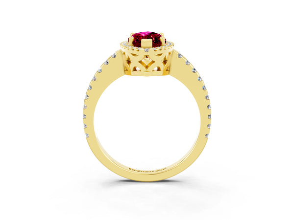 Yellow gold Marquise Cut Garnet Halo Engagement Ring with Pavé Band and Prong Setting
