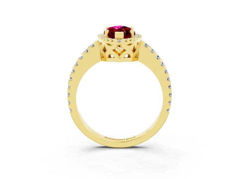Yellow gold Marquise Cut Garnet Halo Engagement Ring with Pavé Band and Prong Setting_15