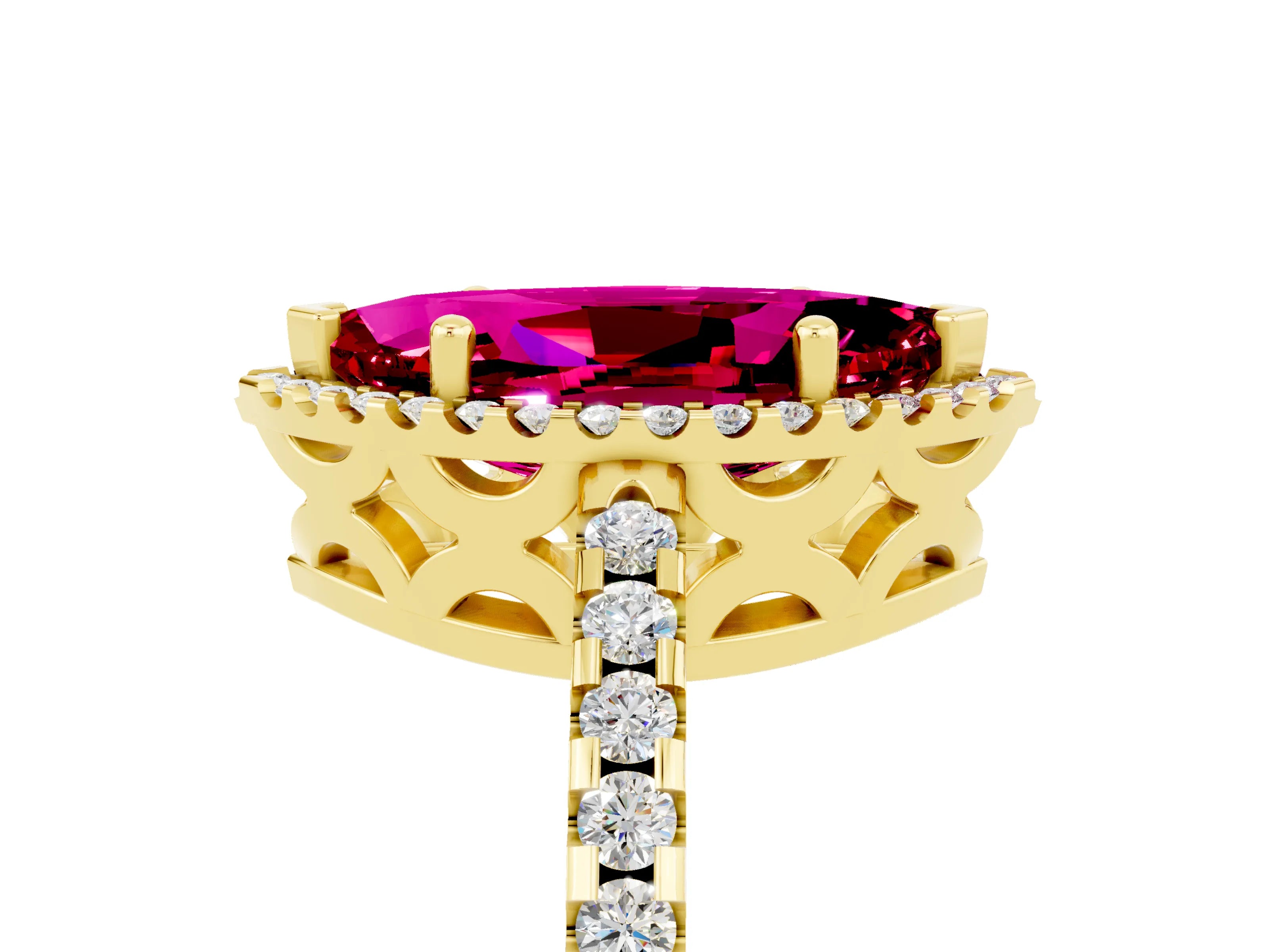 Yellow gold Marquise Cut Garnet Halo Engagement Ring with Pavé Band and Prong Setting_17