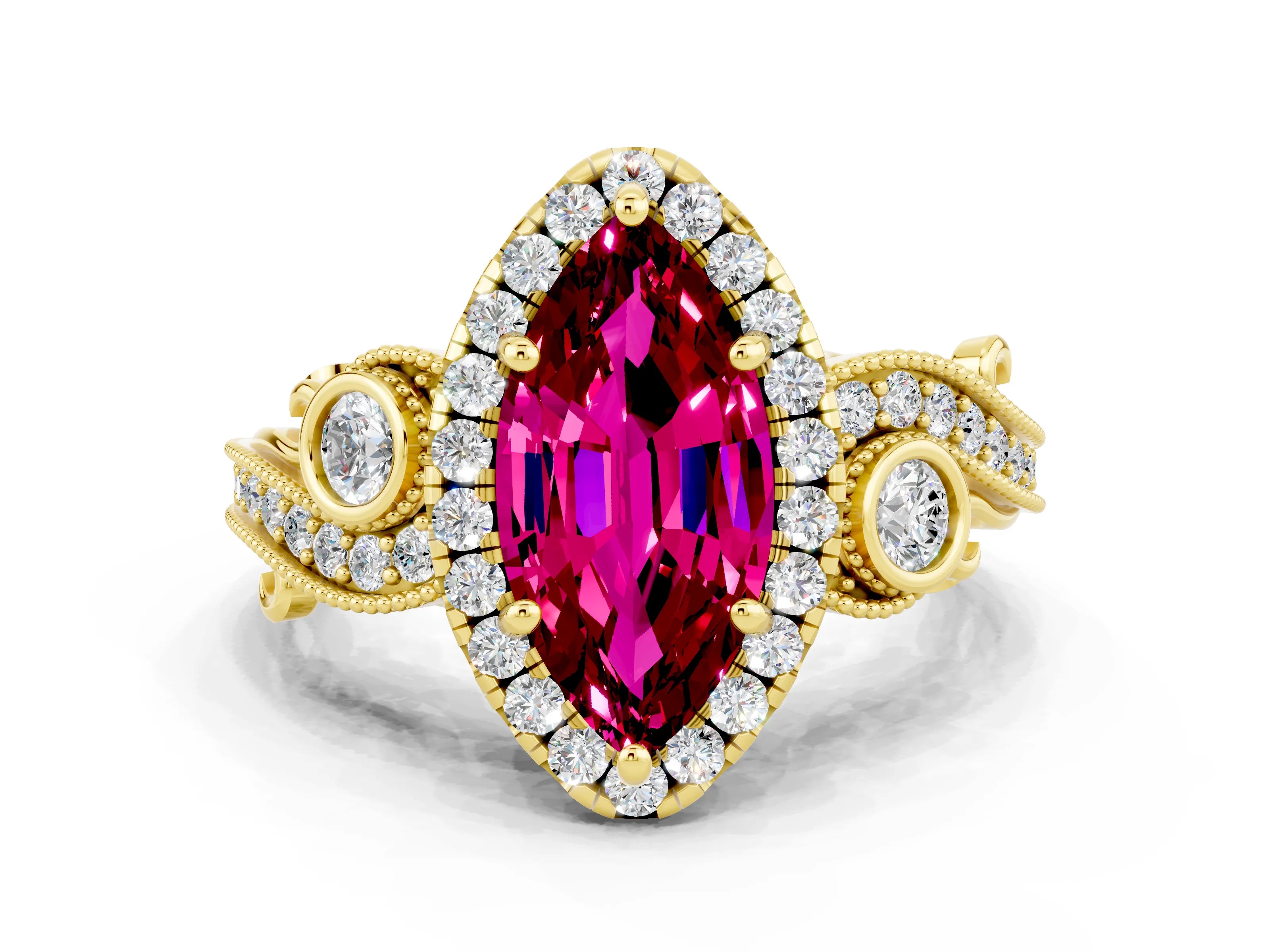 Yellow gold Marquise Cut Garnet Halo Ring with Milgrain Pavé Band and Four-Prong Setting_12