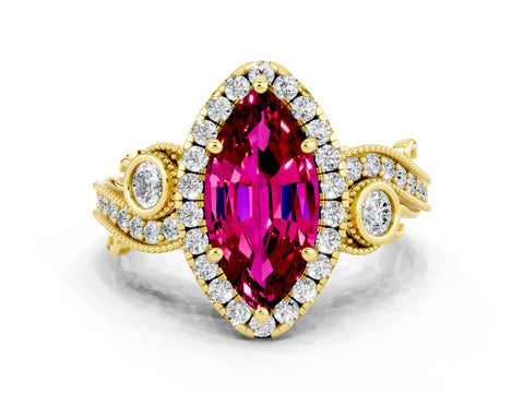 Yellow gold Marquise Cut Garnet Halo Ring with Milgrain Pavé Band and Four-Prong Setting_12