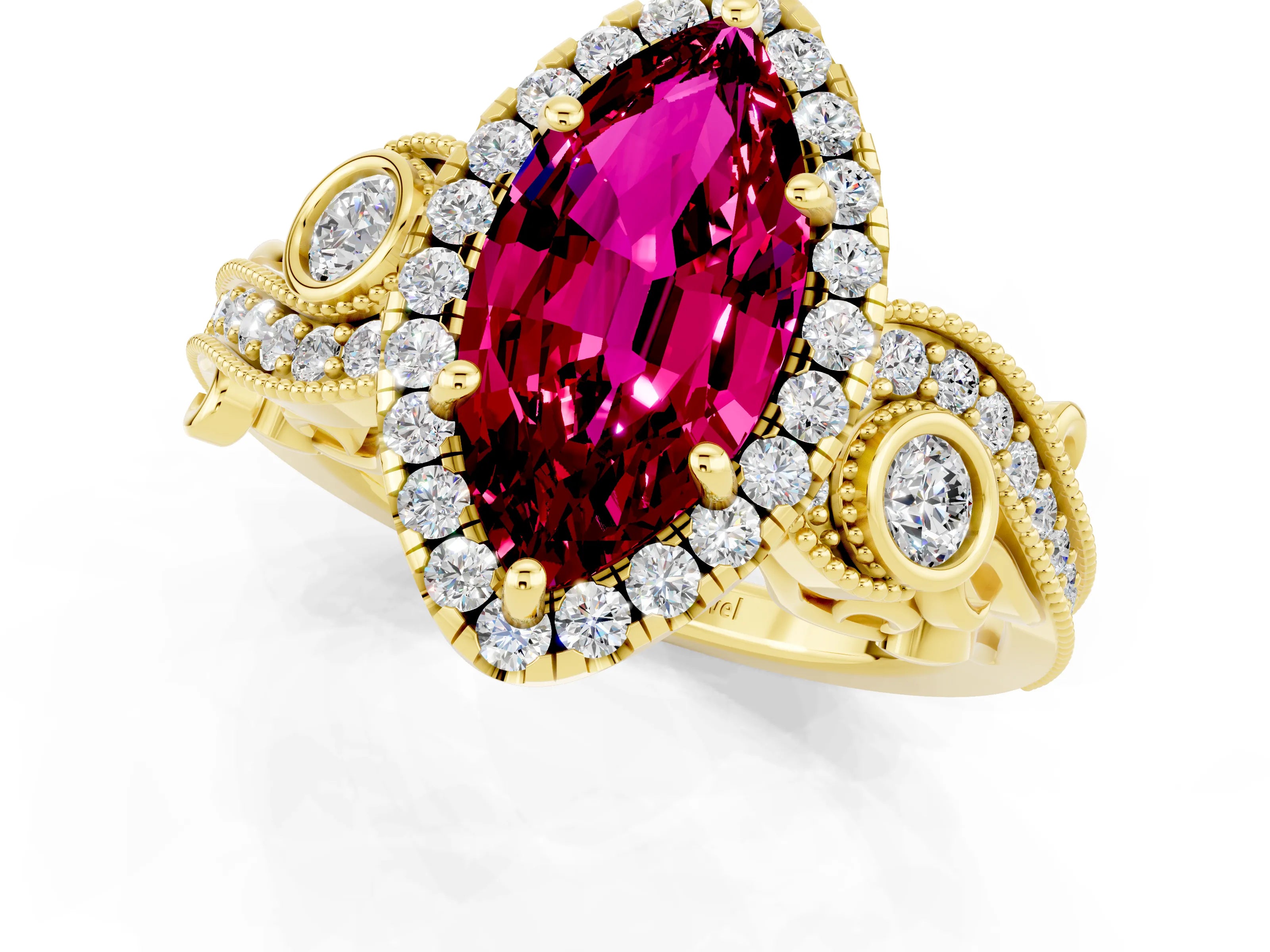 Yellow gold Marquise Cut Garnet Halo Ring with Milgrain Pavé Band and Four-Prong Setting_13
