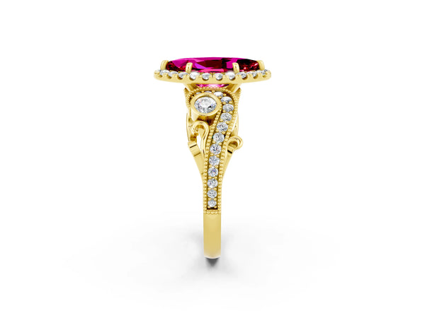 Yellow gold Marquise Cut Garnet Halo Ring with Milgrain Pavé Band and Four-Prong Setting