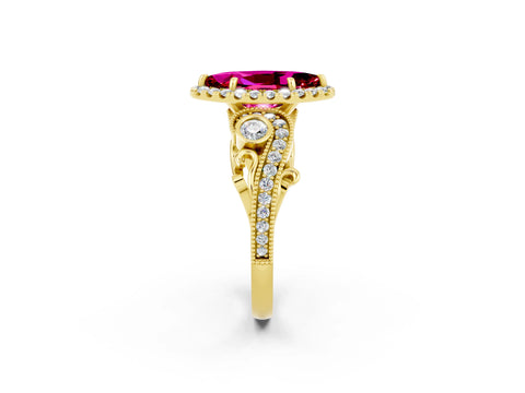 Yellow gold Marquise Cut Garnet Halo Ring with Milgrain Pavé Band and Four-Prong Setting_14