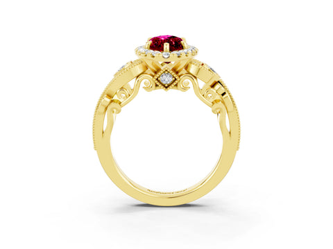 Yellow gold Marquise Cut Garnet Halo Ring with Milgrain Pavé Band and Four-Prong Setting_15