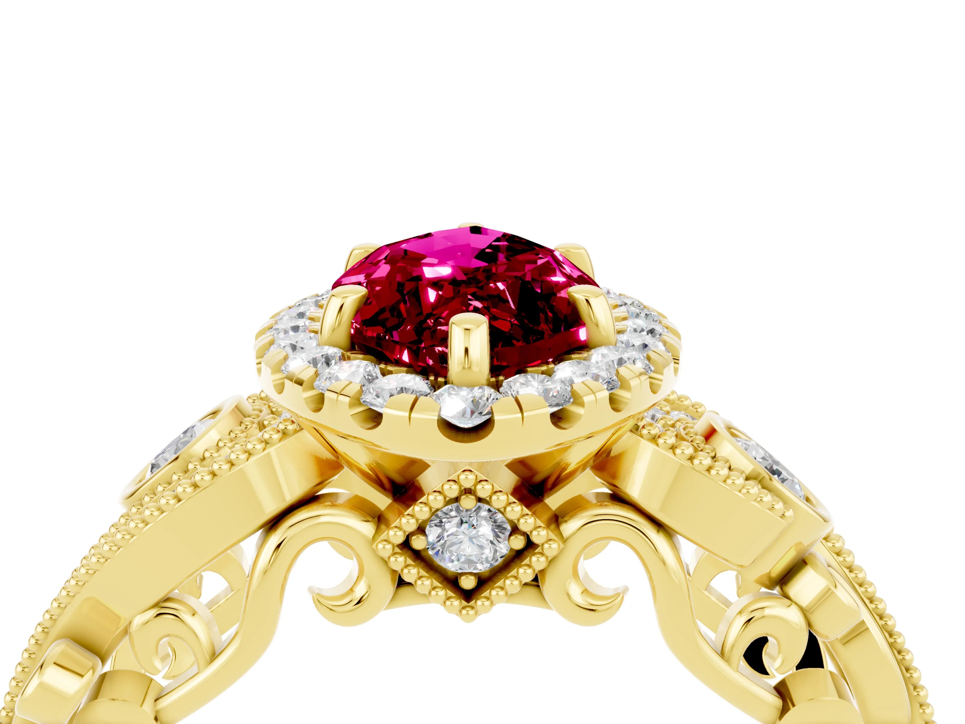 Yellow gold Marquise Cut Garnet Halo Ring with Milgrain Pavé Band and Four-Prong Setting_16