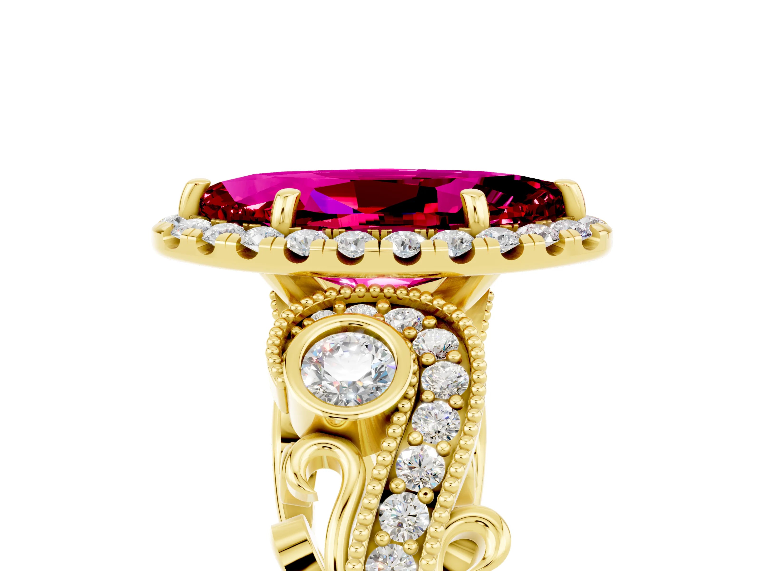 Yellow gold Marquise Cut Garnet Halo Ring with Milgrain Pavé Band and Four-Prong Setting_17