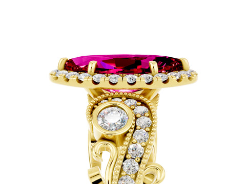 Yellow gold Marquise Cut Garnet Halo Ring with Milgrain Pavé Band and Four-Prong Setting_17