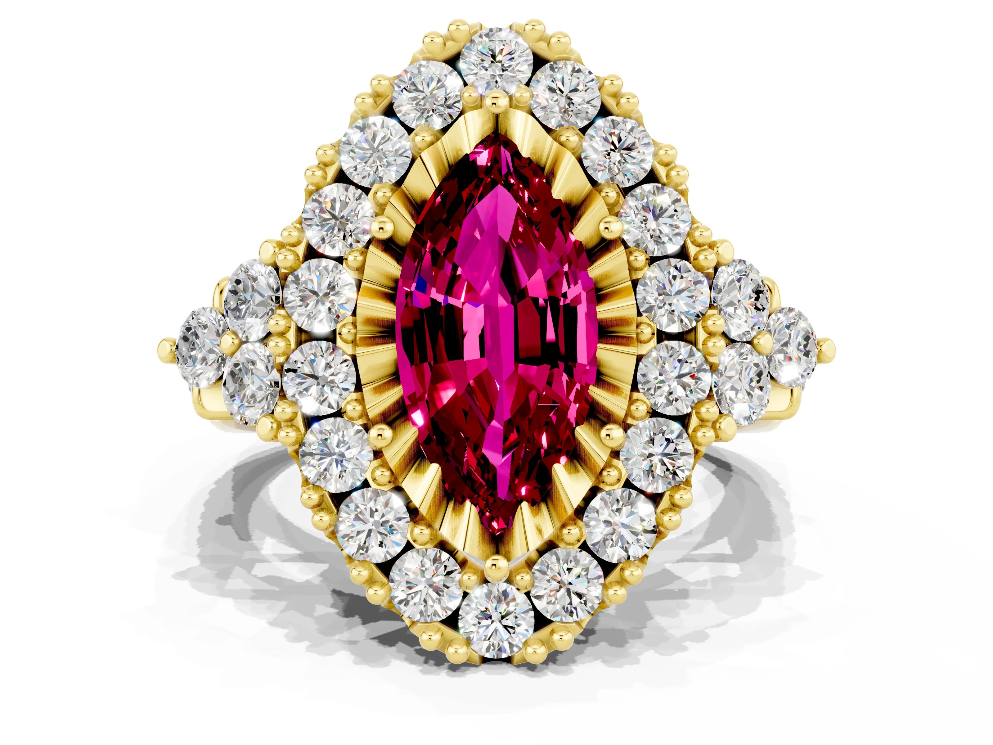 Yellow gold Marquise Cut Garnet Halo Ring with Pavé Band and Four-Prong Setting_12