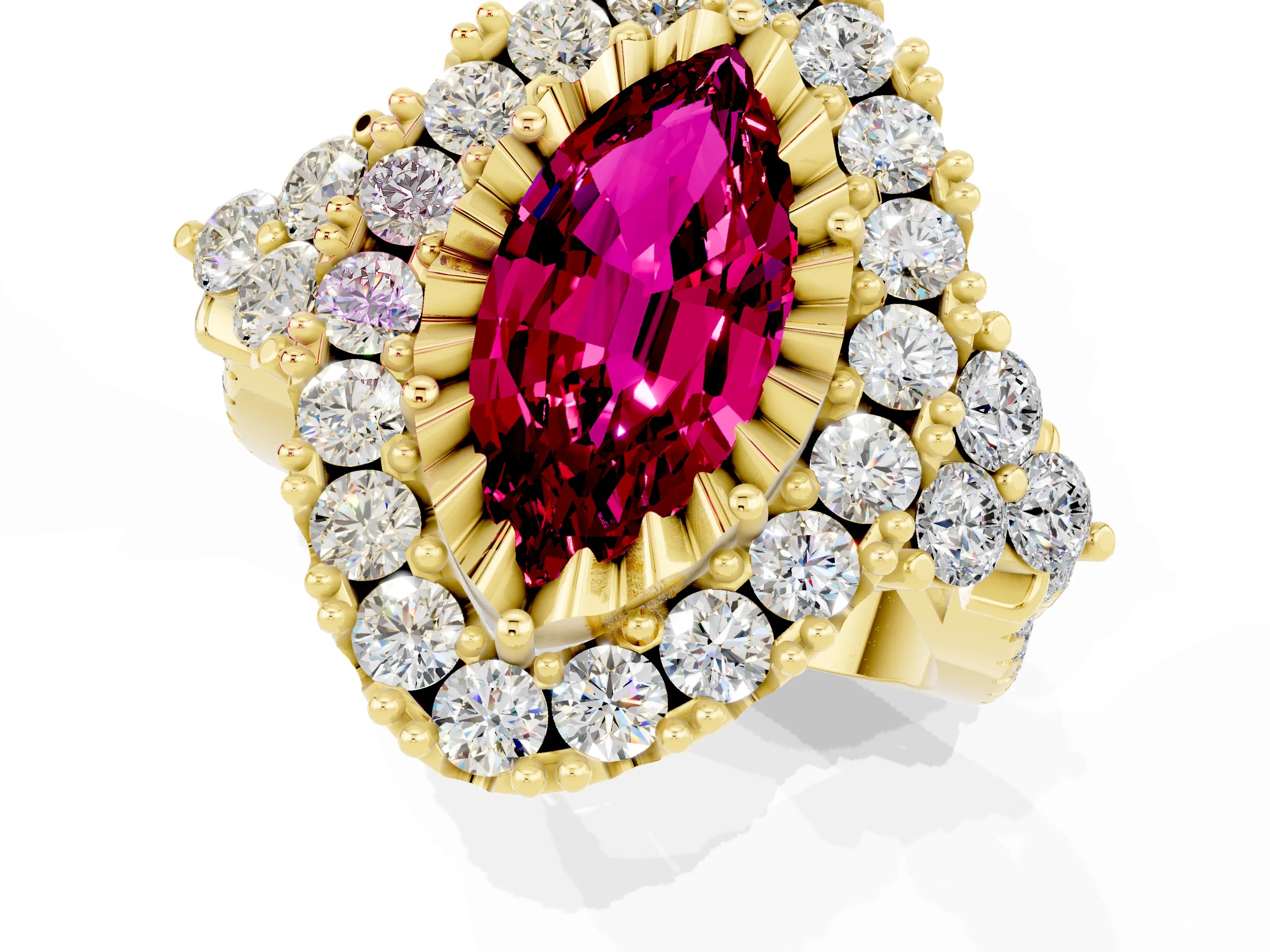 Yellow gold Marquise Cut Garnet Halo Ring with Pavé Band and Four-Prong Setting_13